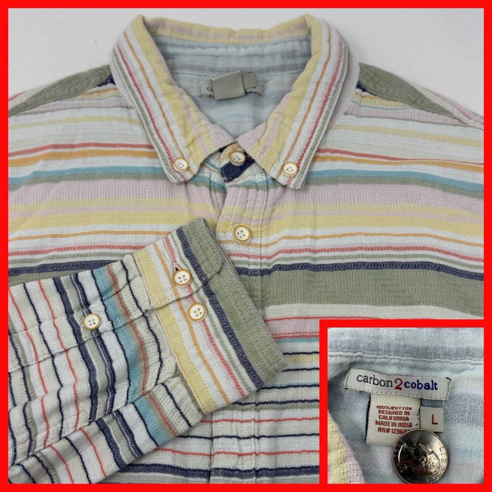 Carbon2Cobalt Button Down Mens Large Multicolor Stripe Long Sleeve Cotton 133641